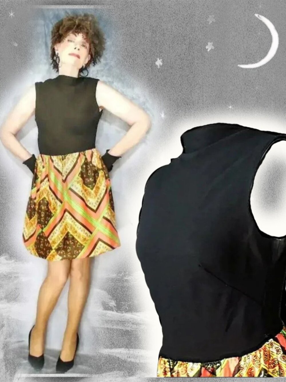 Unique Vintage Short Dress, Bubble Skirt, Boat Cowl Neck, Upcycled
